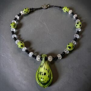 Handmade Artisan Retro Lampwork Glass Necklace Green Black Pendant Boho 20”